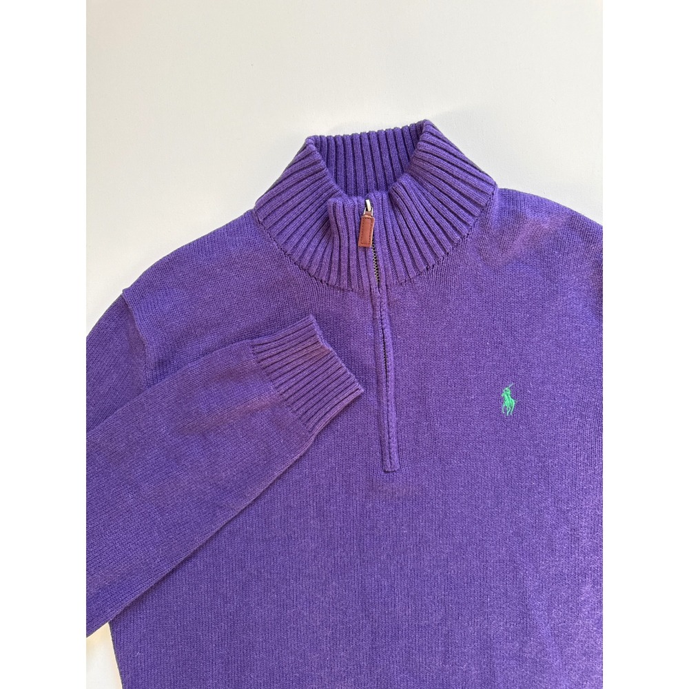 Polo Ralph Lauren Mens Purple 100% Cotton Quarter Zip Sweater Green Pony Large